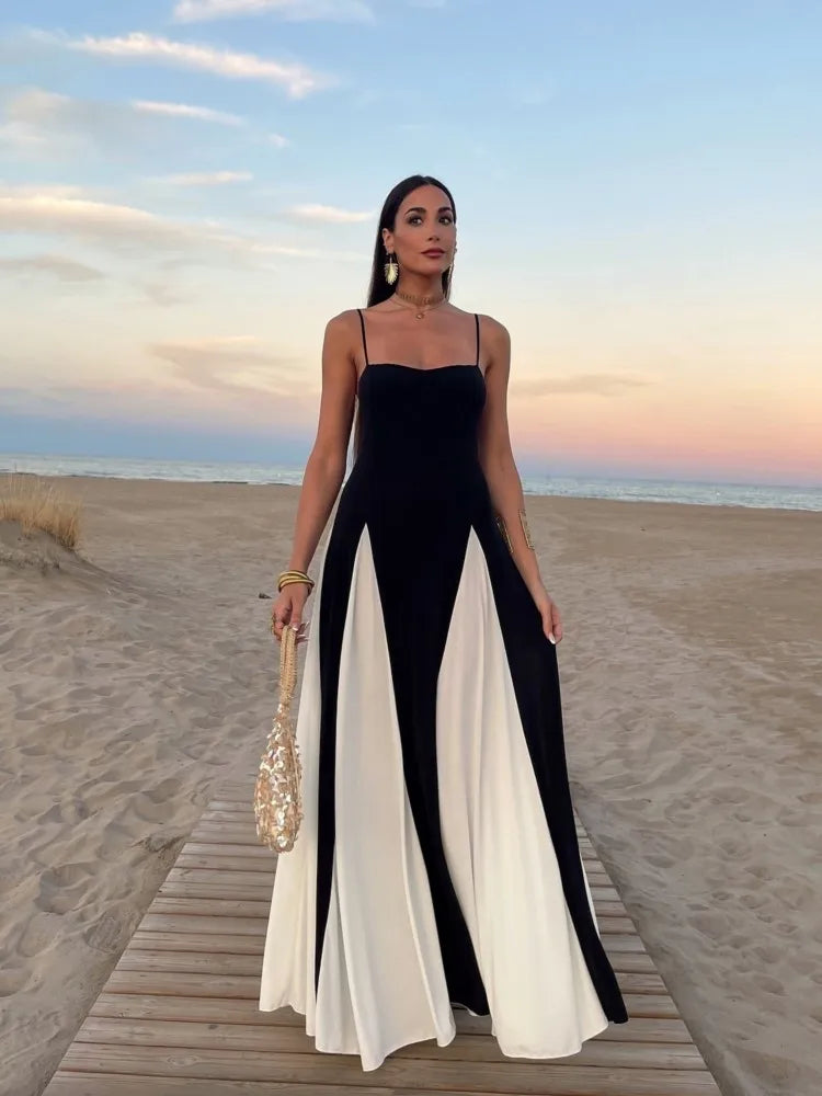 Elegant Black & White Contrast Sling Maxi Dress