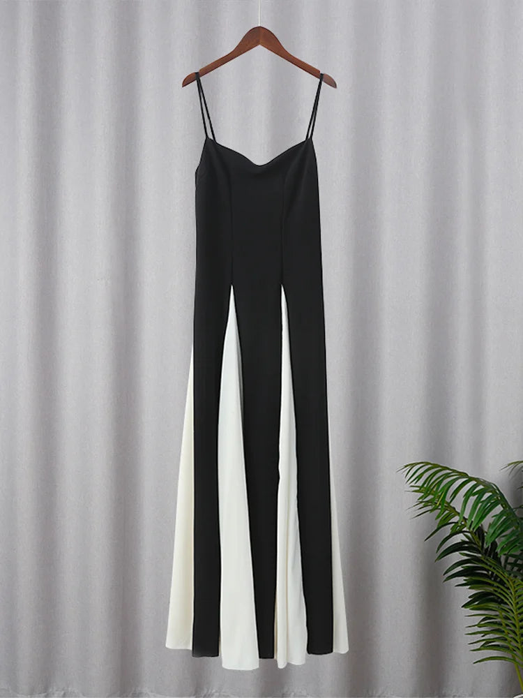 Elegant Black & White Contrast Sling Maxi Dress