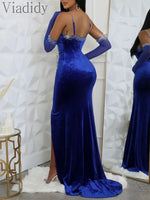 Velvet Rhinestone Spaghetti Strap Party Dress