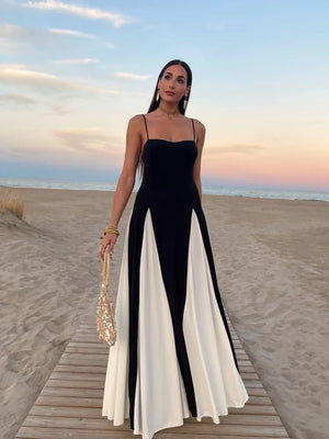 Elegant Black & White Contrast Sling Maxi Dress